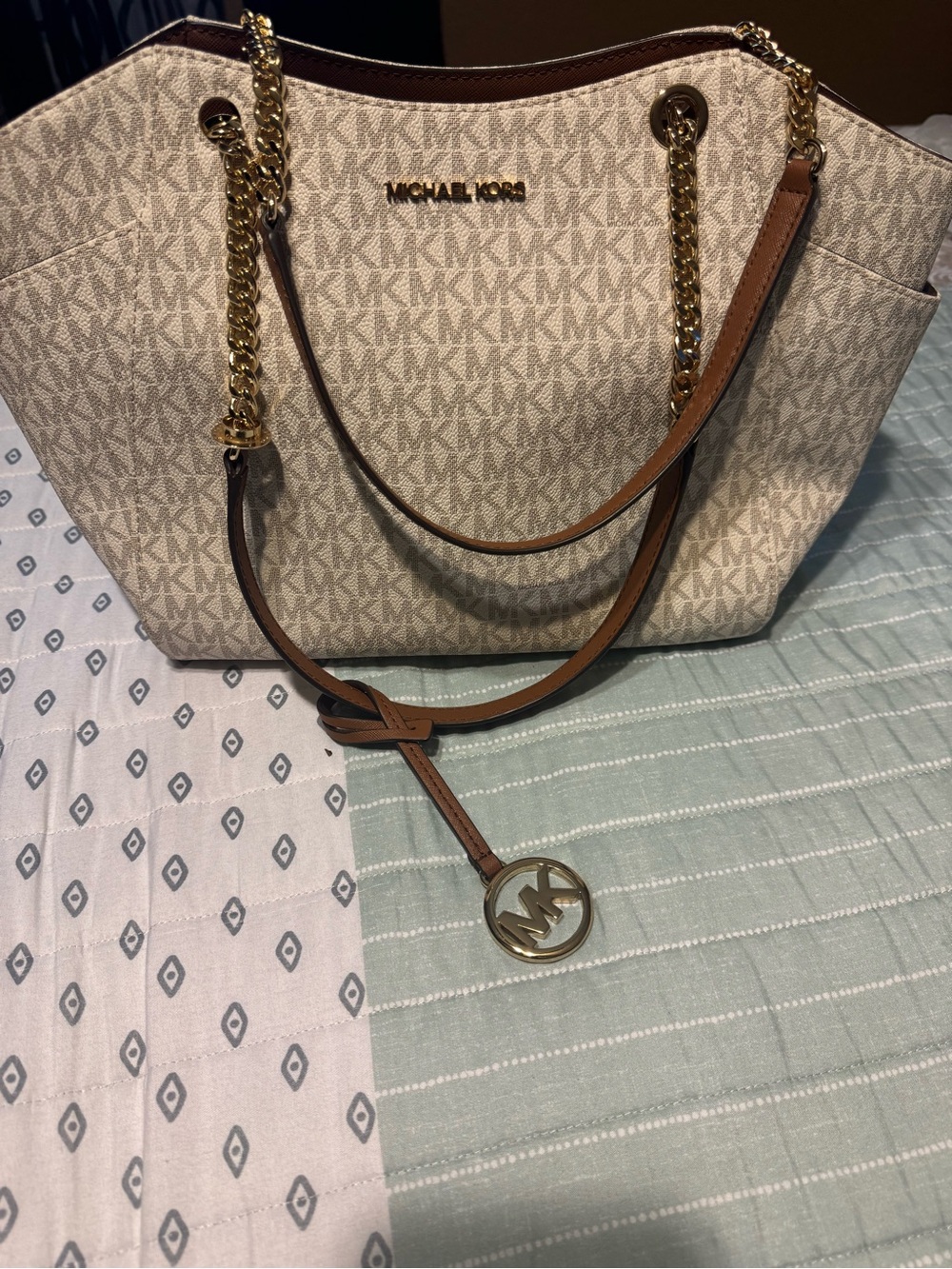 Michael Kors Beige Signature Logo Tote with Brown Accents and Gold Hardware